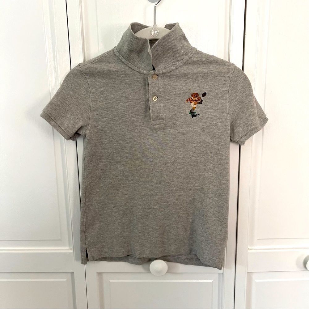 Polo Ralph Lauren Boys Size 7 Gray Polo Bear Football Rugby Polo Shirt Classic